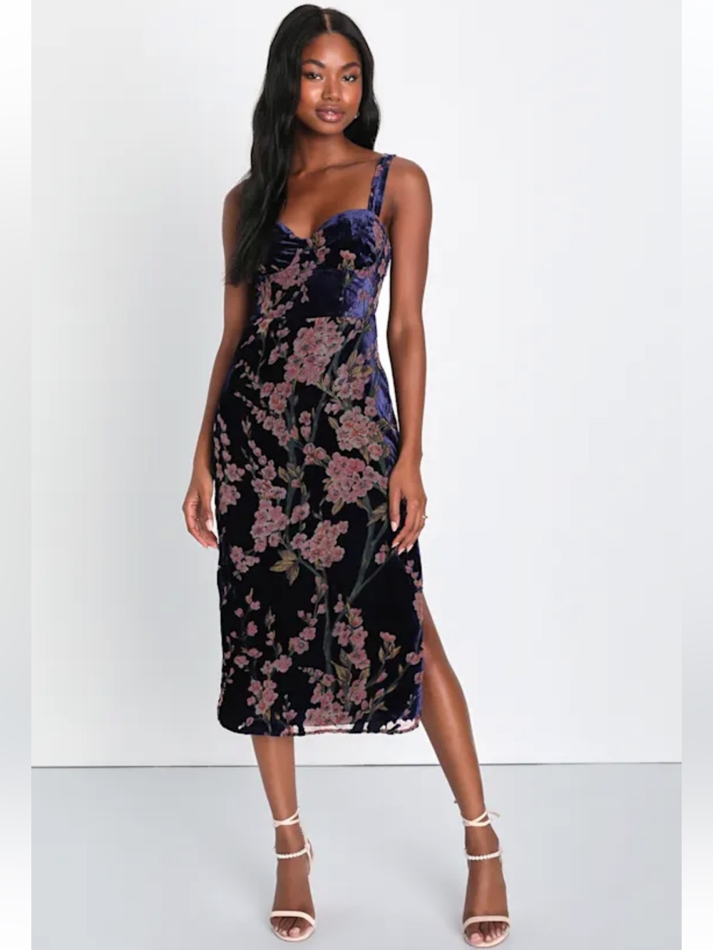 NWT Lulus Romantic Stunner Navy Blue Floral Burnout Velvet Lace-Up Dress